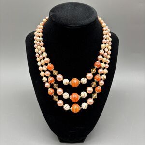 Vintage Japan 1950s Three Strand Glass Bead Necklace Orange Pink Pearl Plastic